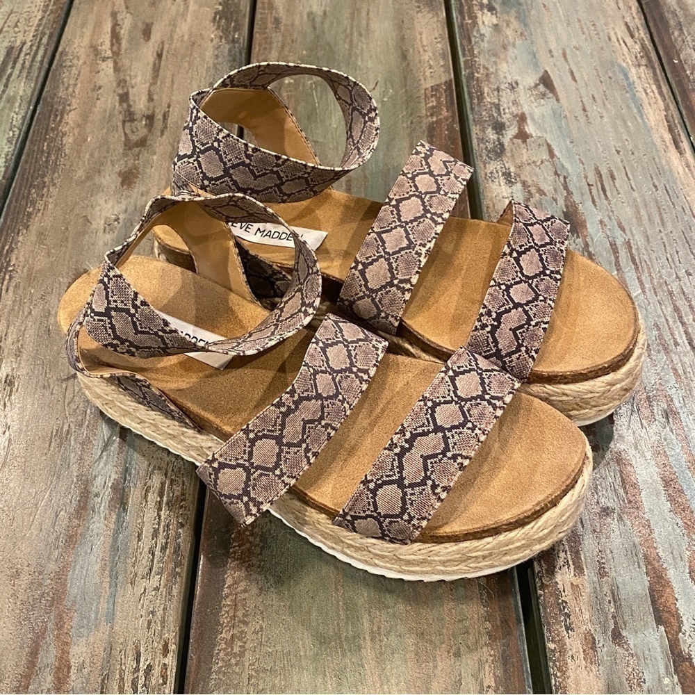 Steve Madden Kimmie Platform Cork Sandals Espadrilles Elastic Snakeskin Print 7 - Picture 10 of 11